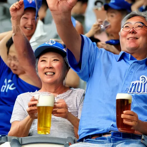 Image similar to a middle aged couple cheering on the Yokohama Baystars Japanese baseball team while drinking beer.