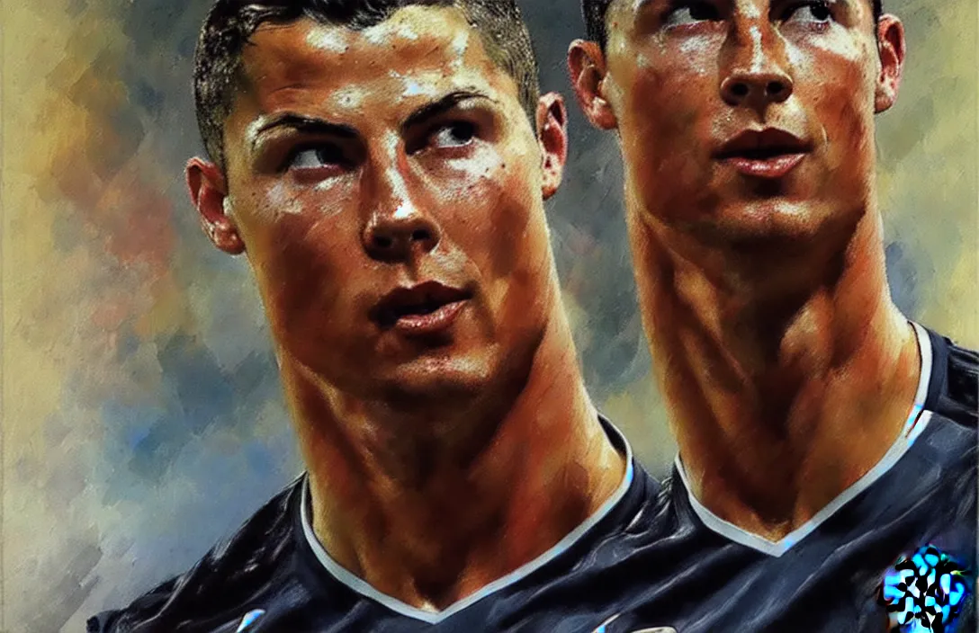 Prompt: portrait of christiano ronaldo manchester united!!!!!!!!!!!!!!!!!!!!!!!!!!!, detailed face, detailed painting, epic lighting, by ilya repin, phil hale and kent williams