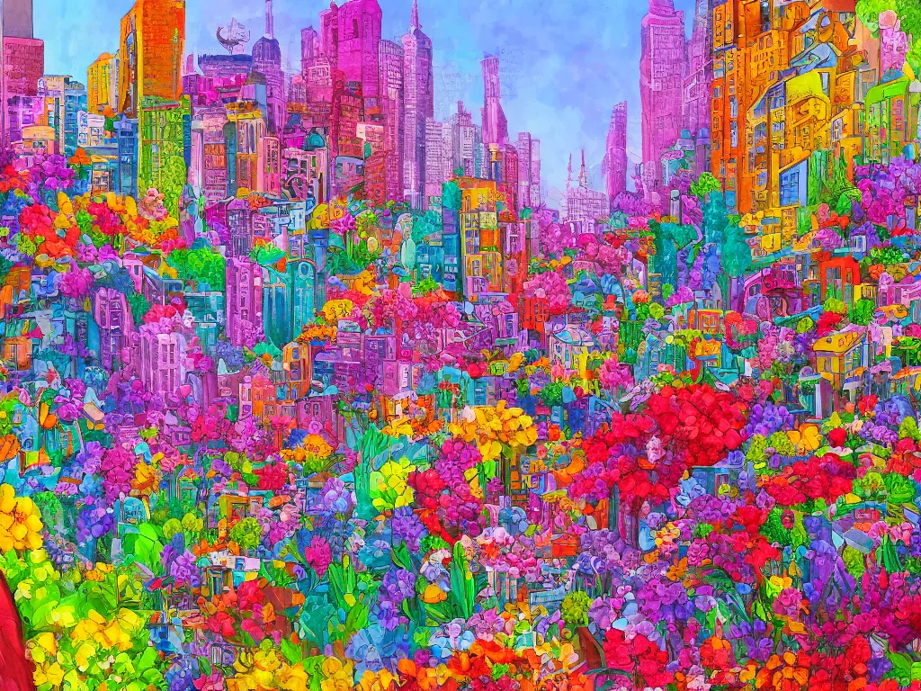 Prompt: city in bloom, colorful detailed painting, lots of details, 4k