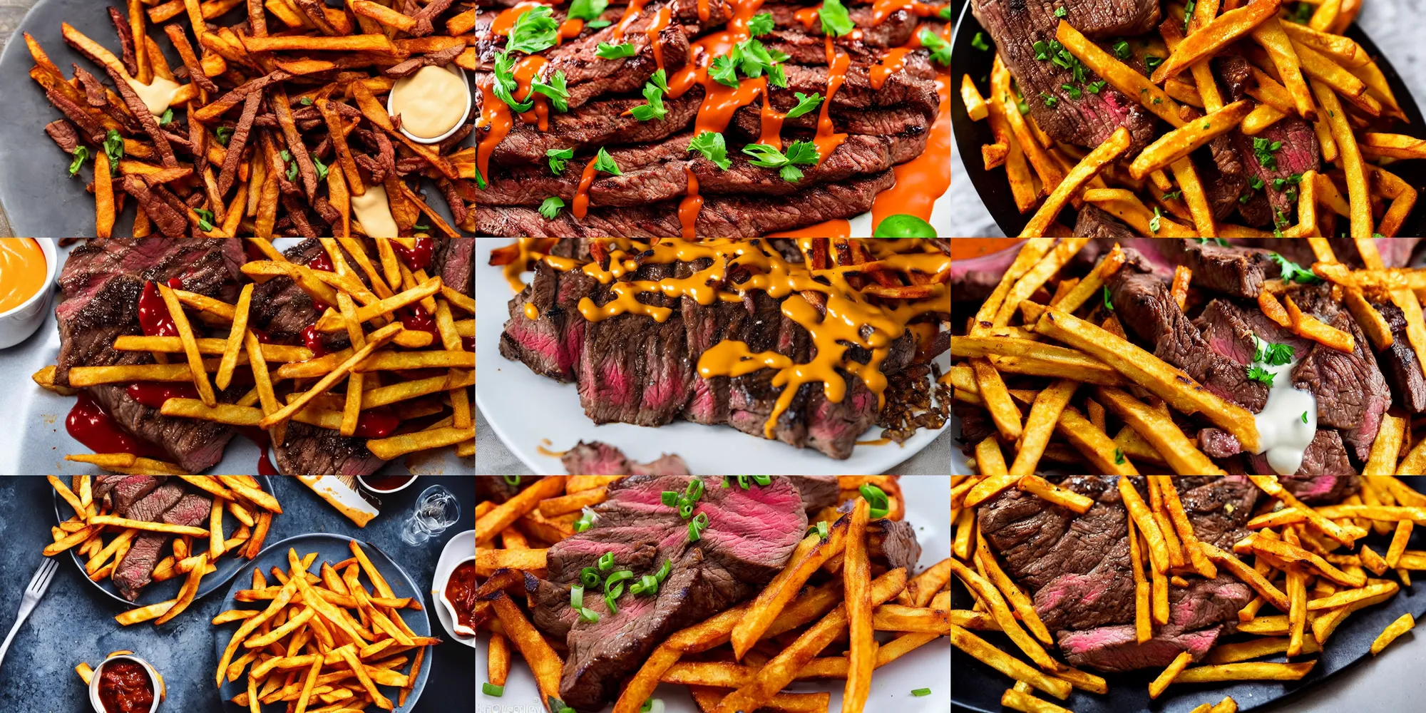 Prompt: delicious steak-fries with chili-cheese-sauce, high definition, food photography, DSLR, close up shot, pinterest