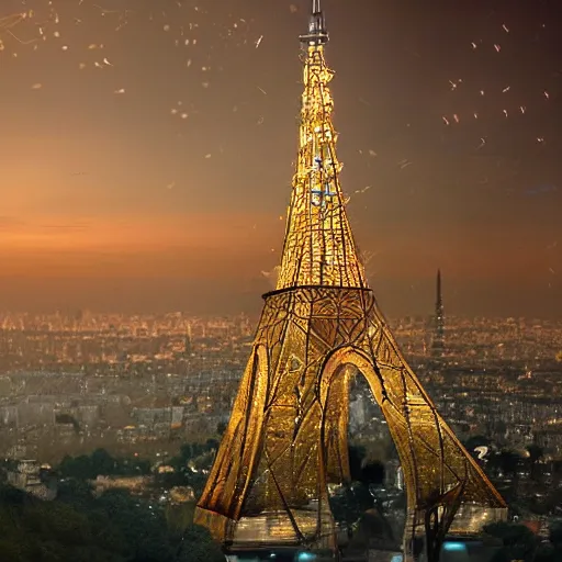 Image similar to A beautiful intricate 8K award-winning cinematic movie photograph of the future Eiffel Tower completely wrapped in corporate logos in the year 2043, by Bruno Delbonnel