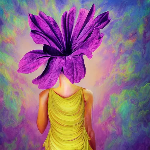 Image similar to huge flower as head, woman standing in a luxury apartment, surreal photography, dramatic light, impressionist painting, digital painting, artstation, georgia o'keeffe