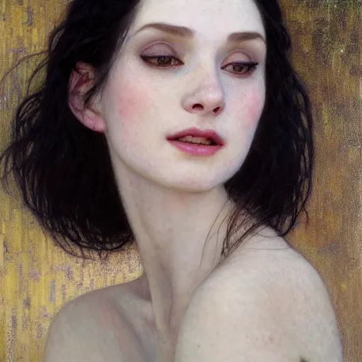 Prompt: Portrait of a beautiful, pale skin, female with long black hair, dark brown eyes, smiling, elegant clothing, photorealistic, highly detailed oil painting, artstation, smooth, sharp focus, art by Klimt, artgerm, Greg Rutkowski and Alphonse Mucha, natural light, Adobe Lightroom, photolab, Affinity Photo, PhotoDirector 365, artstation