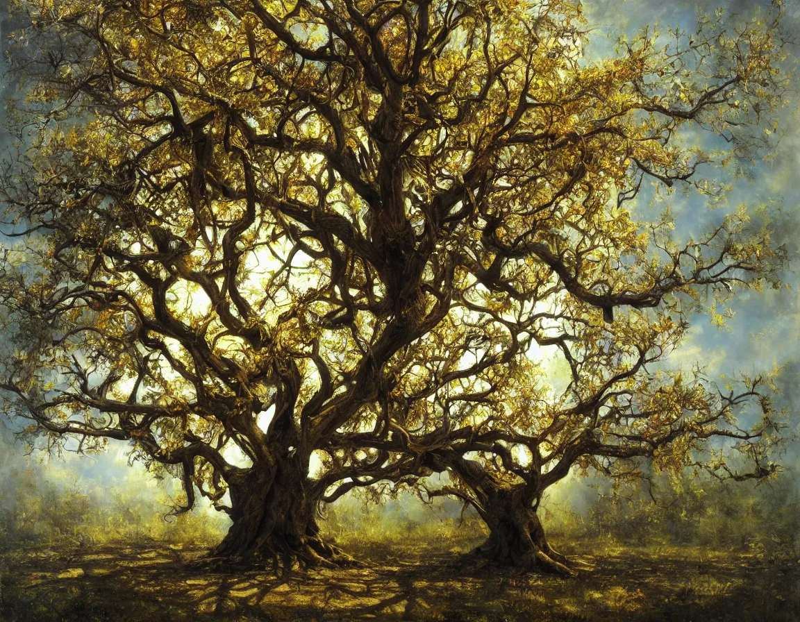 Image similar to hyper realistic oil painting of tree of life, hd, hdr, by jan matejko, ultra detailed, high resolution