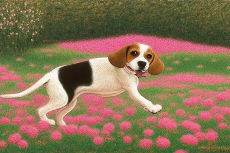 Image similar to white and brown beagle dog playing in a full of pink flowers, by Quint Buchholz, pastel colors