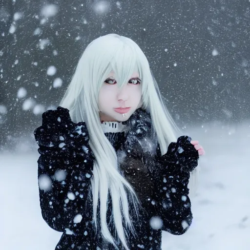 Image similar to an anime girl with white long hair in a snowy tundra, finely detailed, snow, beautiful, foggy,