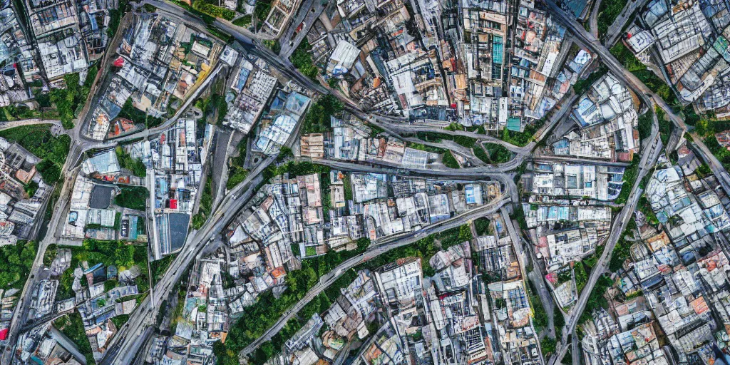 Prompt: drone view of a city with a large road through, Brutalist architecture,sharp focus,telephoto lens,digital art by John J. Park 4k