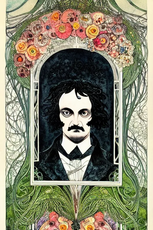 Image similar to symmetrical portrait of edgar allen poe in the center of an ornate floral frame, art by kay nielsen and walter crane, illustration style, watercolor