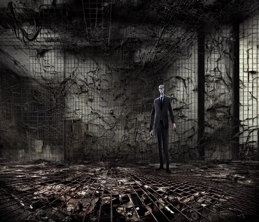 Prompt: creepy tall man with very long limbs sits on the floor. An underground very dark gloomy multi-layered structure of rusty thick iron grates, dense chain-link fencing and peeling walls. Inside view, collapsed floors, bent rusted iron, masterpiece, black background, corners, cinematic, hyperdetailed, photorealistic, hyperrealism, octane render, 8k, depth of field, bokeh, architecture, shadows, art by Zdzisław Beksiński, Arthur Rackham, Dariusz Zawadzki