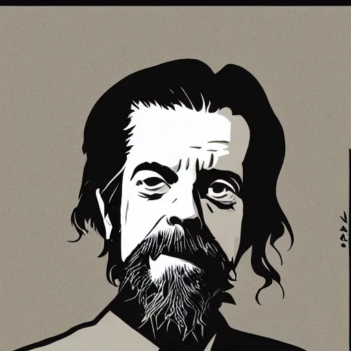 Prompt: a detailed portrait of alan watts, grayscale