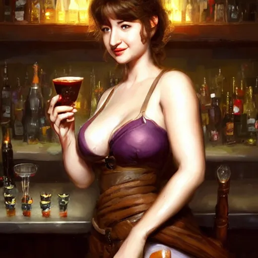 Image similar to Portrait of Milana Vayntrub as a seductive bar maid serving drinks in a medieval pub, white lighting, digital art by Ruan Jia and Mandy Jurgens and Artgerm, highly detailed, trending on artstation, award winning,