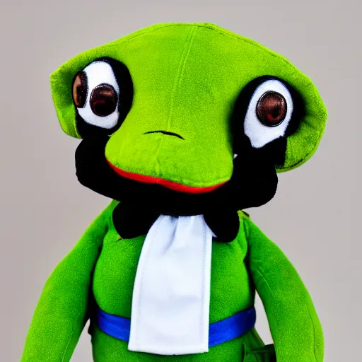 Image similar to stuffed animal frog wearing a sailor suit, plushie photography,