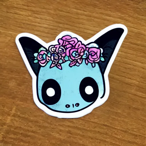 Prompt: cute bat in a flower crown, sticker