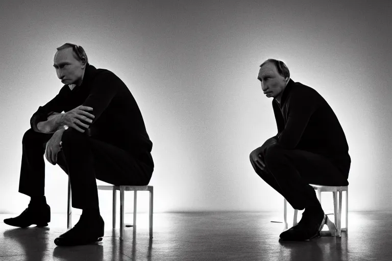 Image similar to a medium low angle shot of Vladimir putin sitting in squat position, looking at the camera, lit from below, editorial fashion photography, 8k, black background