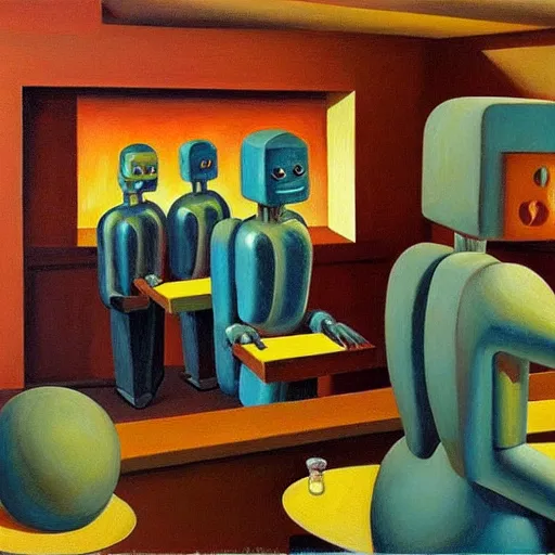 Prompt: robots made of ice cream, grant wood, pj crook, edward hopper, oil on canvas