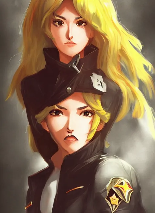 Image similar to full size persona, female sheriff, detail, ultra sharpness, beautiful female, detailed face, art by huyy nguyen, style by cain kuga, cowboy bebop art style