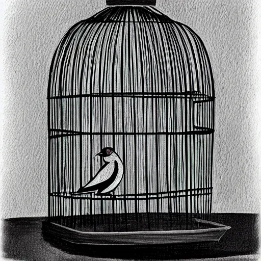 Image similar to a painting of a bird in a cage, black and white