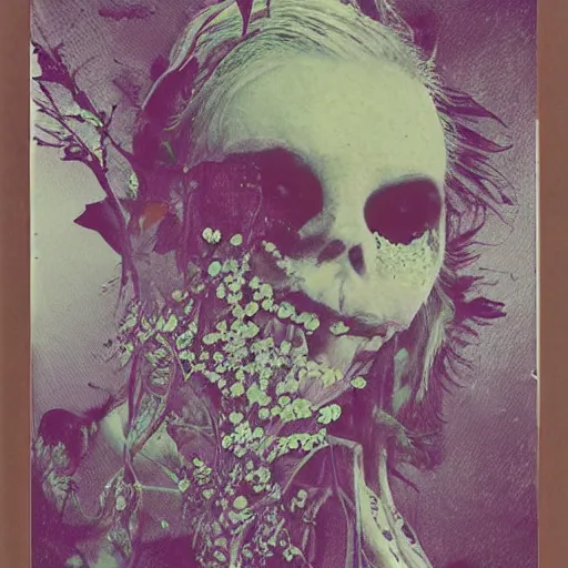 Image similar to a beautiful detailed front view portrait of a rotten woman corpse with fractal plants and fractal flowers growing around, volumetric light, beautiful lit, polaroid photography