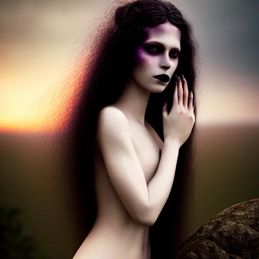 Prompt: photographic portrait of a stunningly beautiful gothic female tearful in soft dreamy light at sunset, contemporary fashion shoot, by edward robert hughes, annie leibovitz and steve mccurry, david lazar, jimmy nelsson, breathtaking, 8 k resolution, extremely detailed, beautiful, establishing shot, artistic, hyperrealistic, beautiful face, octane render