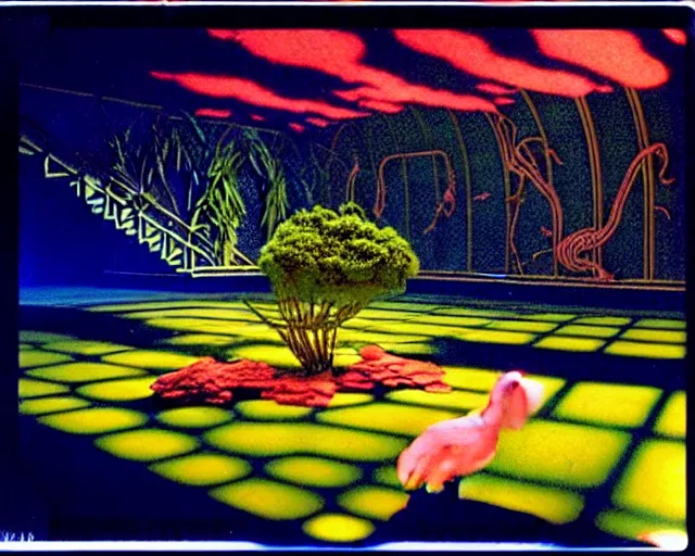 Prompt: low angle shot of a space station at night, aquatic plants, coral, shabby chic, cinematography by Jim Jarmusch, composition by Moebius, in the style of Neo Rauch, set design by Antonin Gaudí, 35mm, polaroid, color film photography, soundtrack by Pink Floyd, written by James Joyce