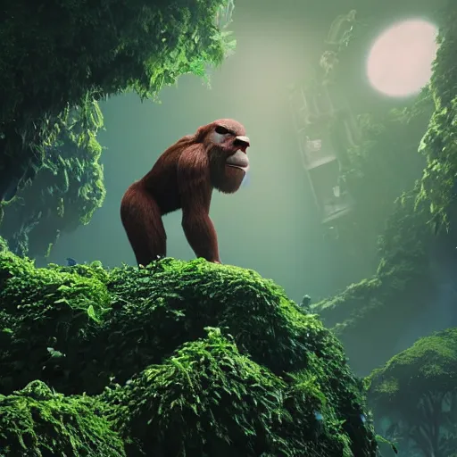 Image similar to cinema 4D colorful render, utopian jungle in space , old decaying statue of ape, a detailed zoned in human anatomy veins, nature, heavy green, dramatic lens flares, apes hanging from vines, a evil dark sun , depth field, unreal engine, sharp, incredible detail, professional composition, quality digital art, 4k, 4k concept art and hyper realism