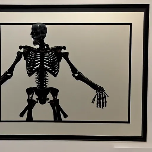 Image similar to terminator skeleton, looking away from camera, framed painting, hyperrealism vrubel