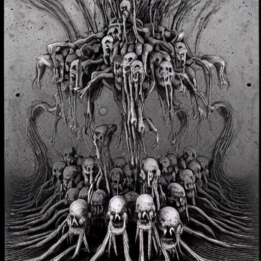 Image similar to merge skeletons in the hundreds reaching out from a broken portal to hell, melting metal vortex, beksinski + gammell + mcfarlane + giger, wispy realistic horrors