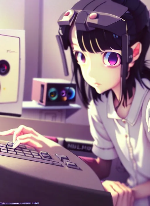 Prompt: a film still polaroid portrait of a young gamersgirl at a gaming pc, finely detailed features, perfect art, busy room, gapmoe yandere grimdark, trending on pixiv fanbox, painted by ilya kushinov makoto shinkai takashi takeuchi studio ghibli, akihiko yoshida, sachin teng, huang guangjian, artstation