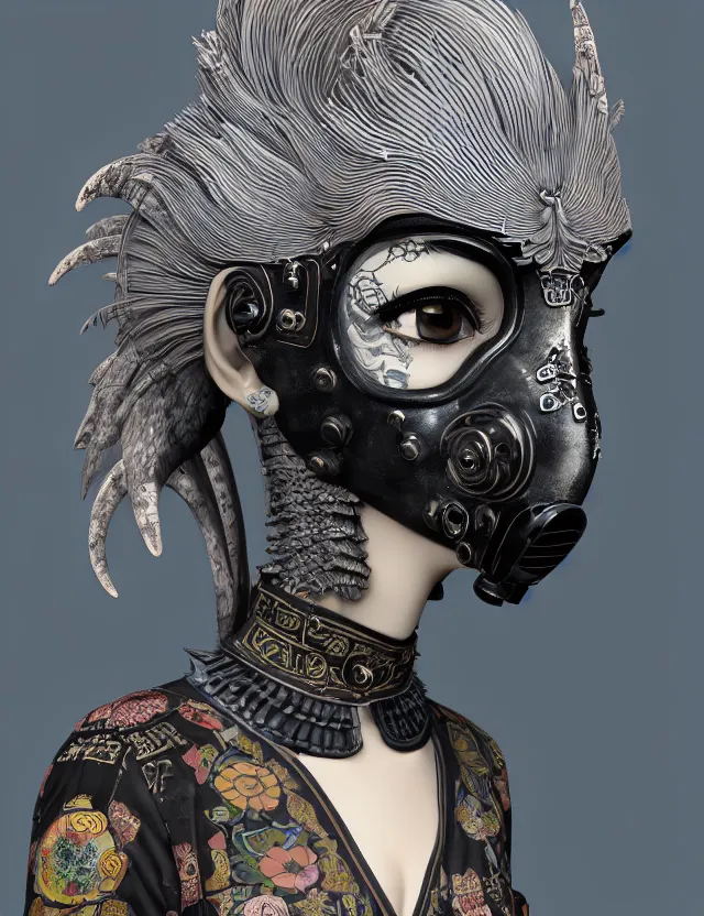 Image similar to 3 d goddess close - up profile punk portrait with vintage gas mask ram skull. beautiful intricately detailed japanese crow kitsune mask and clasical japanese kimono. betta fish, jellyfish phoenix, bio luminescent, plasma, ice, water, wind, creature, artwork by tooth wu and wlop and beeple and greg rutkowski