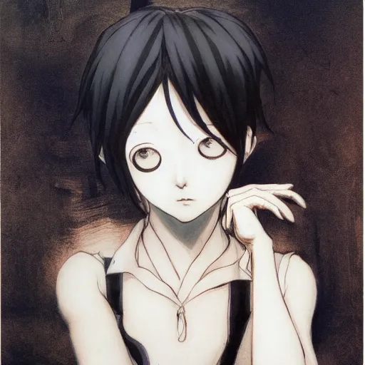 Prompt: Yoshitaka Amano realistic illustration of an anime girl with short white hair and black eyes wearing tuxedo with the hand in front of her face, abstract black and white background, film grain effect, highly detailed, Renaissance oil painting