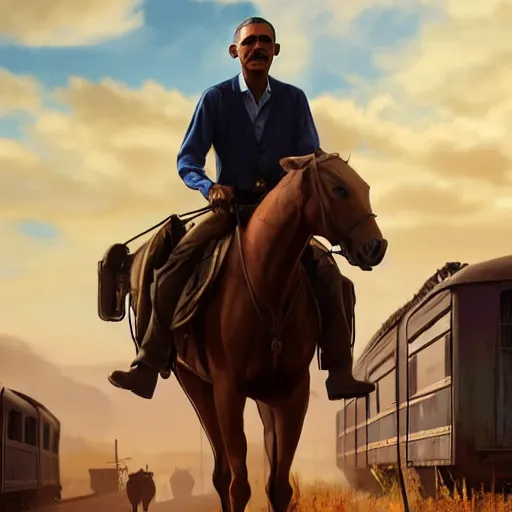 Image similar to Obama from Red Dead Redemption 2 riding a horse next to a train, ray tracing, 8k by artgerm and greg rutkowski