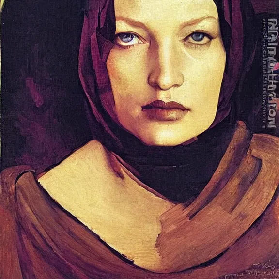 Prompt: gena rowlands by Annie Swynnerton and Nicholas Roerich and Vermeer, strong dramatic, cinematic lighting, ornate crown, lost civilizations, smooth, sharp focus, extremely detailed