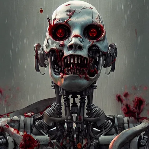 Prompt: zombie anime man with mechanical bones, highly detailed, robotic, flesh reveals robot parts, very scary face, rain background, digital art, pixiv fanbox, artstation, by greg rutkowski, wlop, miyazaki hayao