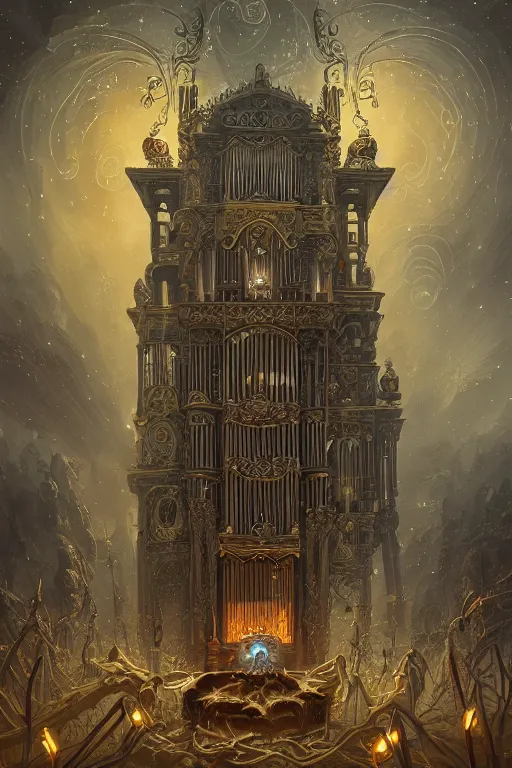 Image similar to illustration of close low angle view of an ornate obsidian gothic pipe organ with gold spidery embellishments, night, smoke, ground fog, by peter mohrbacher, by alex andreev, by jacek yerka, by vincent di fate, large depth of field, super detailed, digital art, trending on artstation, ornate