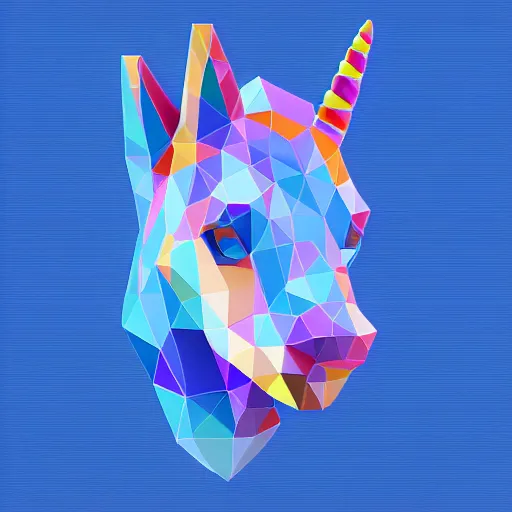 Prompt: unicorn head, 2 d low polygon art, symmetric art, blue, vector art