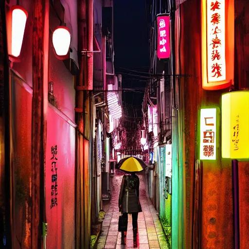 Image similar to japan narrow street with neon signs and a girl with umbrella wearing techwear, digital art, sharp focus, wlop, artgerm, beautiful, award winning, sythwave color style