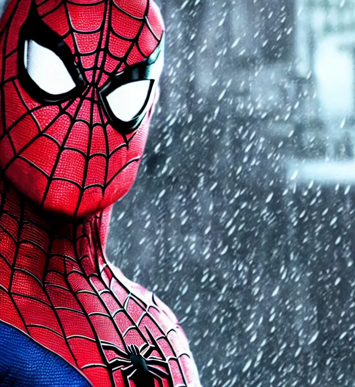 Image similar to cinematic of tobey maguire as spiderman, dramatic rain, 8 k