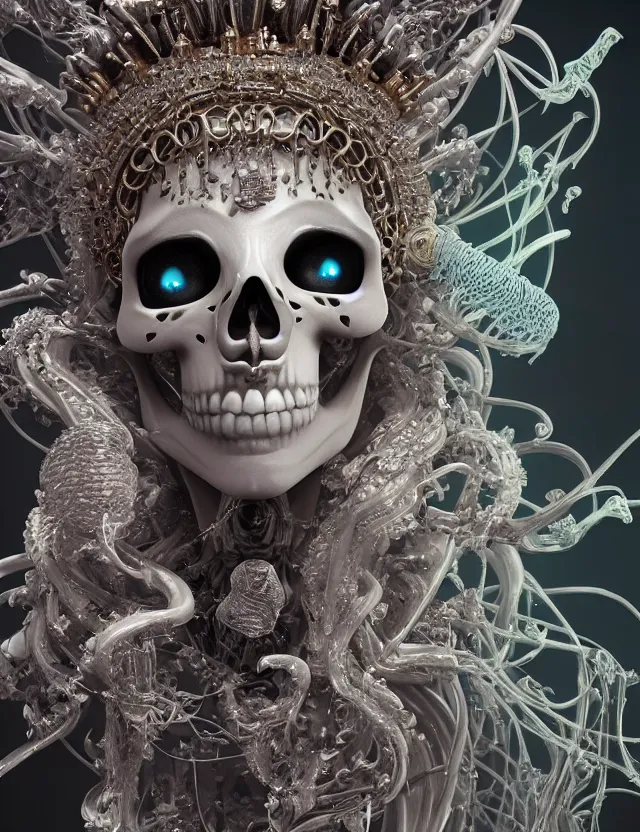 Image similar to 3 d goddess skeleton macro close - up portrait with crown made of ram skull. betta fish, jellyfish phoenix, bioluminiscent fire, plasma, ice, water, wind, creature, super intricate ornaments artwork by tooth wu and wlop and beeple and greg rutkowski