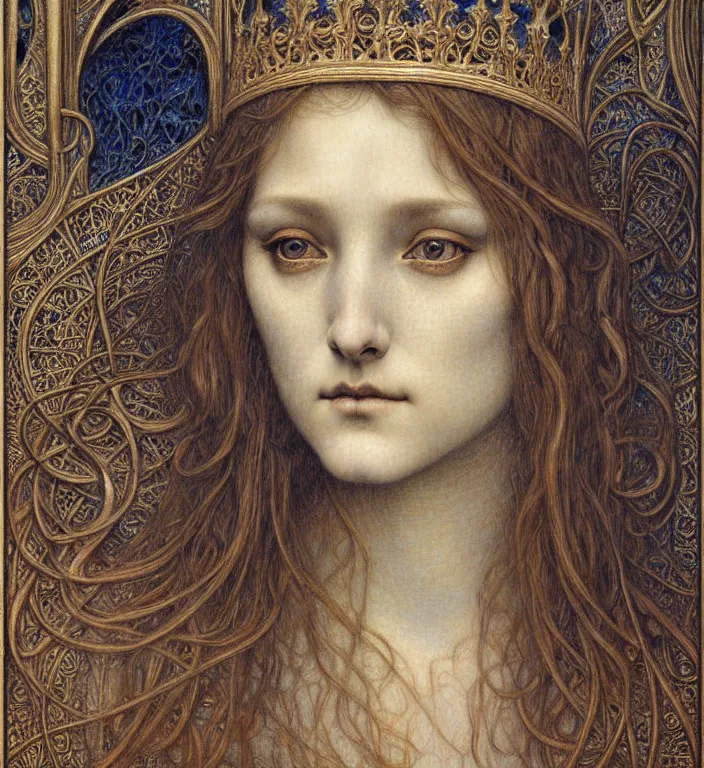 Image similar to detailed realistic beautiful young medieval queen face portrait by jean delville, gustave dore and marco mazzoni, art nouveau, symbolist, visionary, gothic, pre - raphaelite. horizontal symmetry