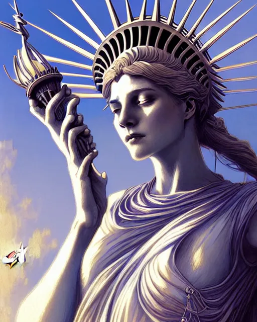 Image similar to Beautiful and playful ethereal lady liberty, art nouveau, fantasy , elegant, highly detailed, sharp focus, art by Artgerm and Greg Rutkowski and WLOP