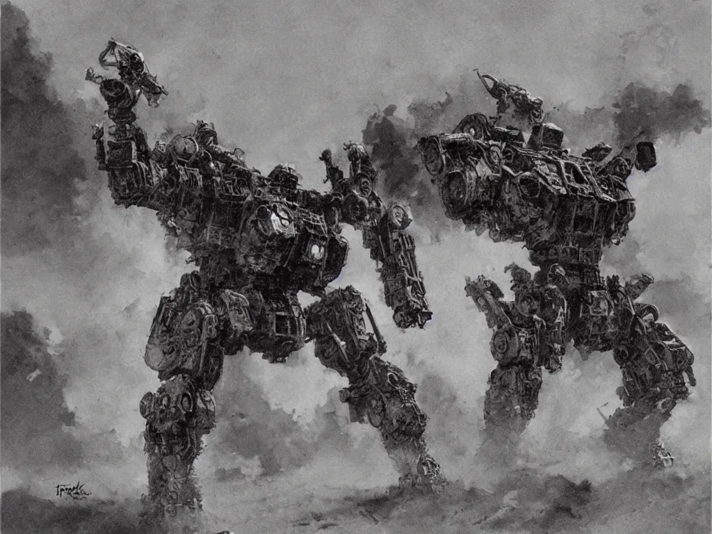 Prompt: mecha in a sandstorm by Frank Frazetta