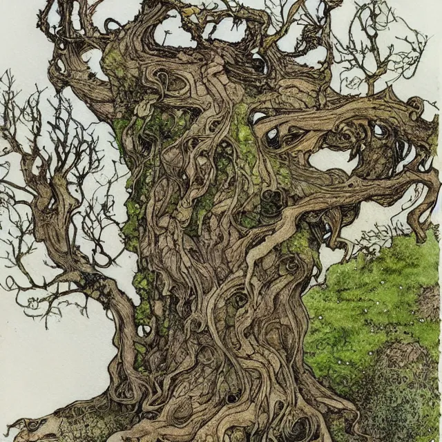 Image similar to a detailed, intricate watercolor and ink portrait illustration with fine lines, of a gnarled tree and mossy ground, by arthur rackham and edmund dulac and ted nutall and mucha