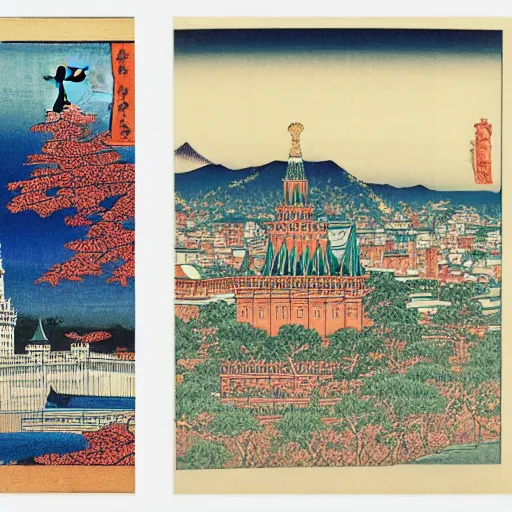 Prompt: moscow kremlin by haruyo morita, highly detailed, artistic masterpiece, by katsushika hokusai, by utagawa hiroshige, by kitagawa utamaro, by ohara koson