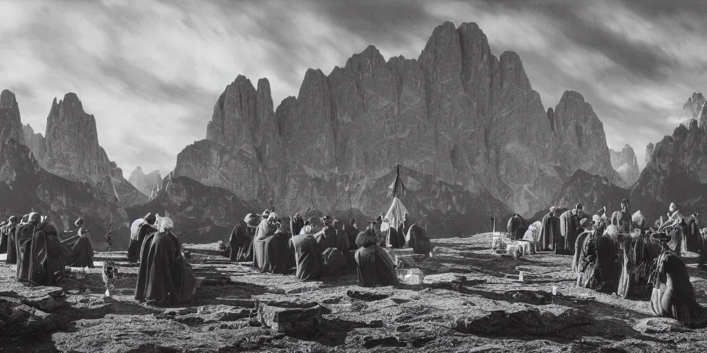 Prompt: 1920s photography of an occult ceremony meeting with dolomites in the background, priests with hay coats and horns, occult signs, wicca, alp, dolomites, alpine, detailed intricate insanely detailed octane render, 8k artistic 1920s photography, photorealistic, black and white, chiaroscuro, hd, by David Cronenberg, Raphael, Caravaggio