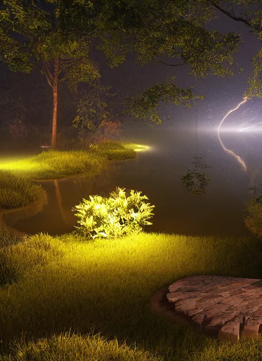 Image similar to photography at night of an ethereal pond, a central sunlight glare, mystical lights, cyber futuristic lights, masterpiece, epic, cinematic, hyperealistic, high detailed, corona render, hdr, ray tracing