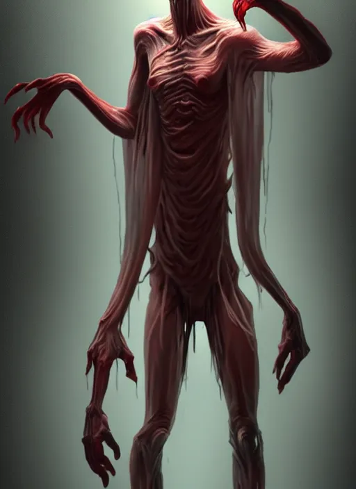Image similar to creepy pale moster with incredibly long fingers, very long arms, translucent slimy skin, wet, veiny, character concept art, dramatic lighting, highly stylized, trending on artstation