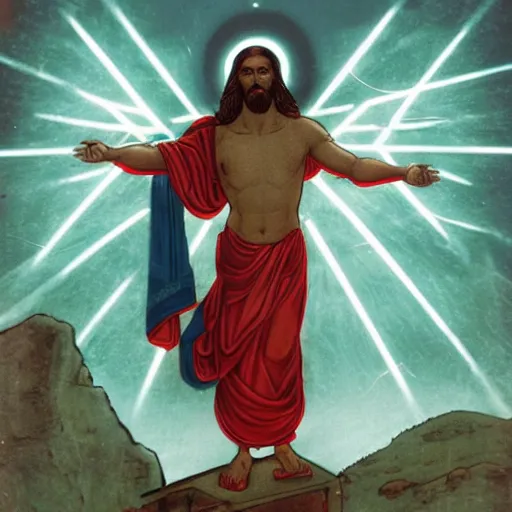 Prompt: Jesus shoot Zeus with red lazers from eyes deep color