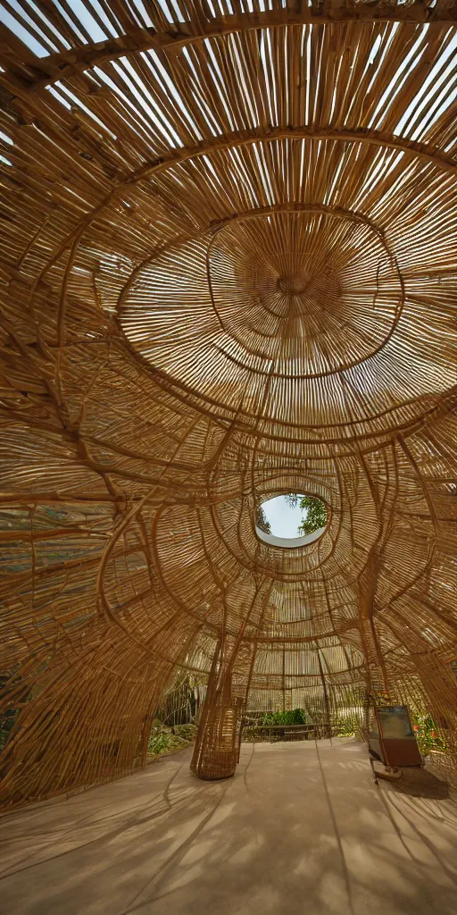 Prompt: inside small pavilion made of bifurcated bamboo. complex curved intersecting vaulted structure. bundled columns branching recursively into roof. futuristic hydroponic garden, concrete floor. architectural photography., 4 k, 8 k. volumetric lighting.