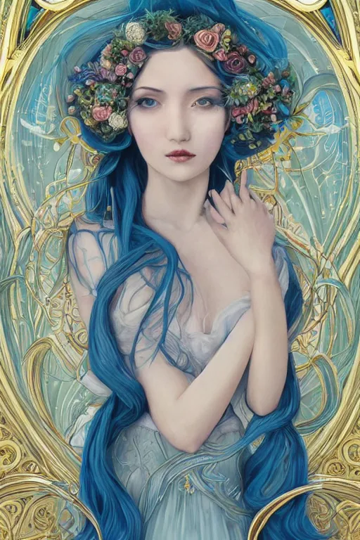 Image similar to breathtaking detailed painting by pilyeon and teffish on artstation, a full shot queen with long flowing bright blue hair, gauze dress and pastel flowers petals and golden tumultuous clouds, symmetrical facial features, at dawn in front of a pristine golden art nouveau cathedral, elegant, highly detailed, artstation, concept art, matte, sharp focus,