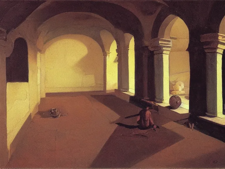 Prompt: a detailed oil painting of a dark arabian large ball rich decorated hall underground, desert, pillar, ominous,, curtains, by caravaggio, by nicholas roerich, by gustave moreau, by frank frazetta, by hans emmenegger, by bruce pennington, by eyvind earle, moisture, grainy, highly detailed, realistic, outline, line,